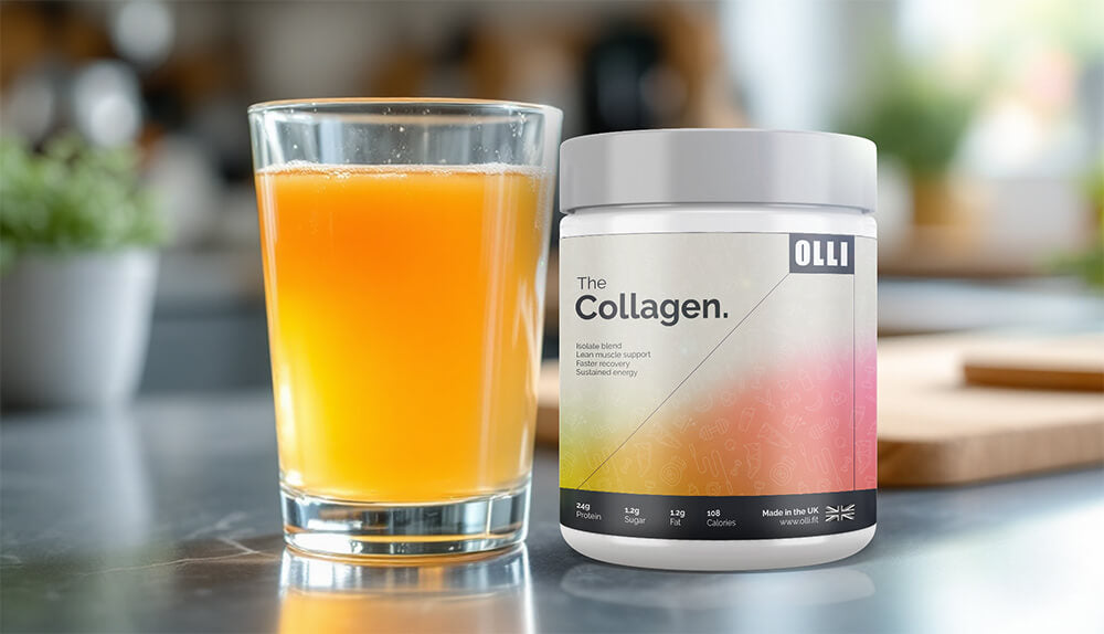 Olli collagen powder on kitchen worktop