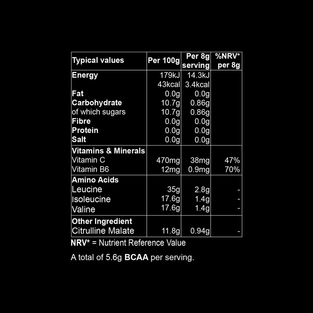 Amino-XR BCAA 2:1:1 formula with L-Leucine, L-Isoleucine, L-Valine, electrolytes, and hydration support