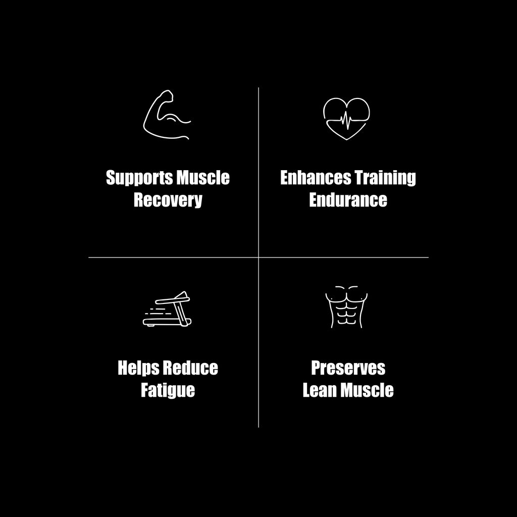 Amino-XR supplement benefits infographic showing muscle preservation, endurance, hydration, and BCAA support