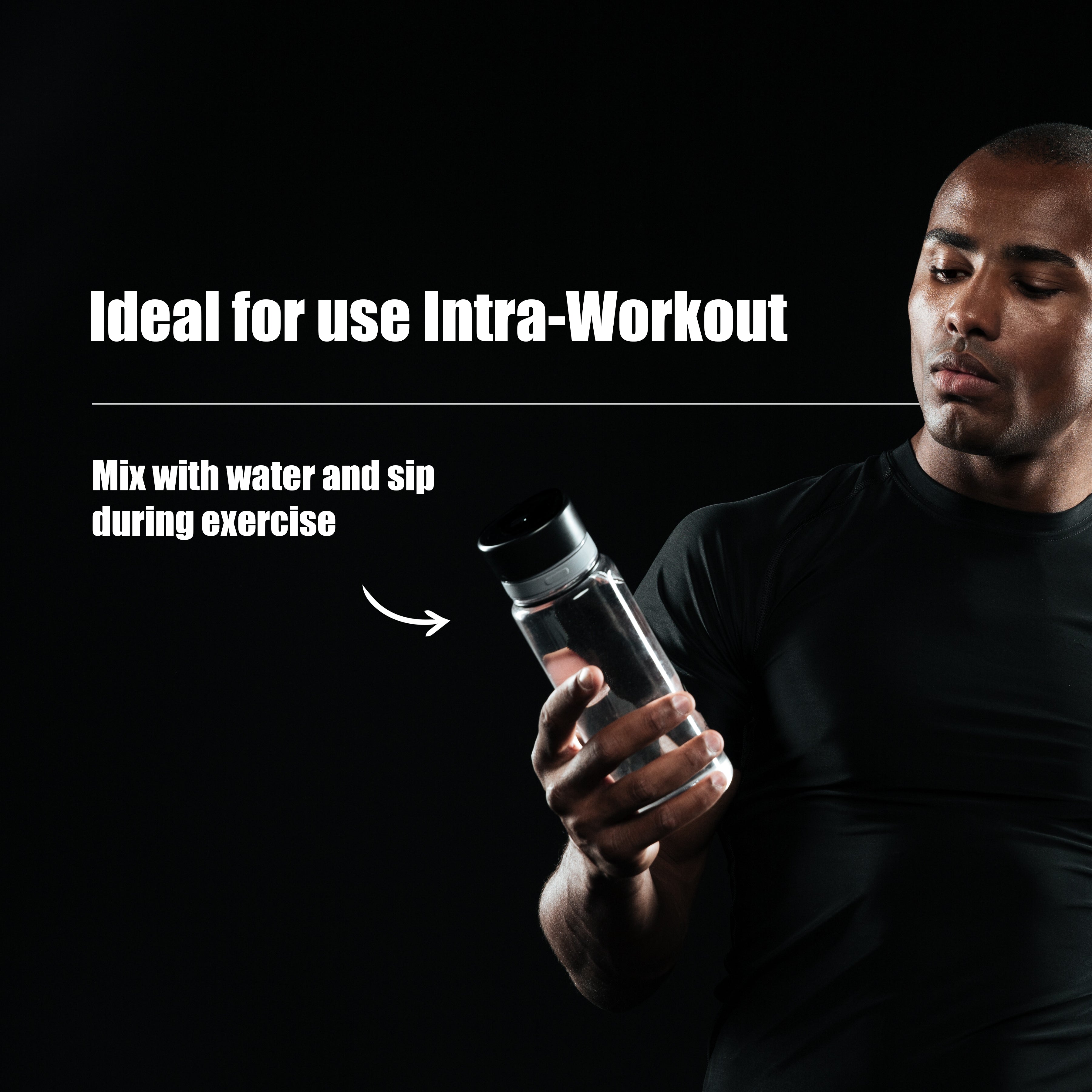 Man holding a black water bottle with text about its use during exercise on a black background