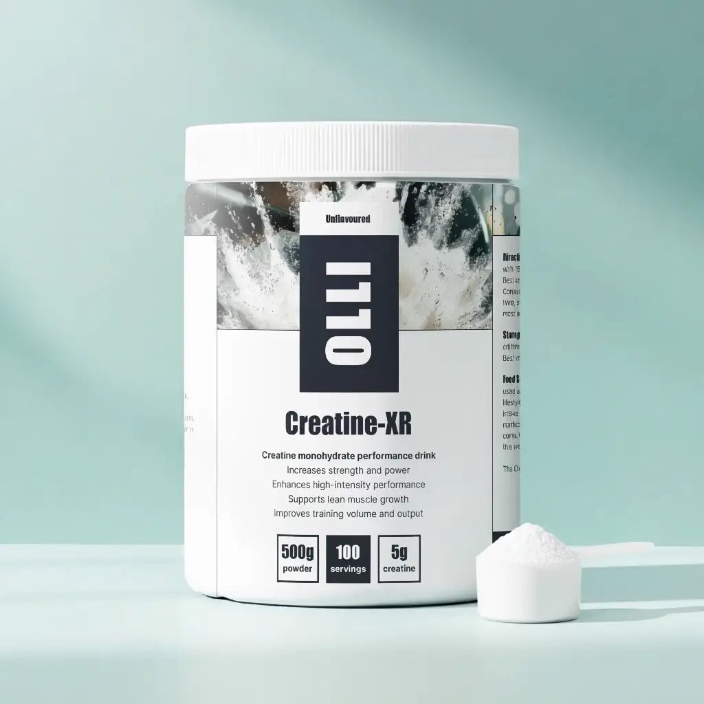 Creatine supplement container with scoop on a light blue background