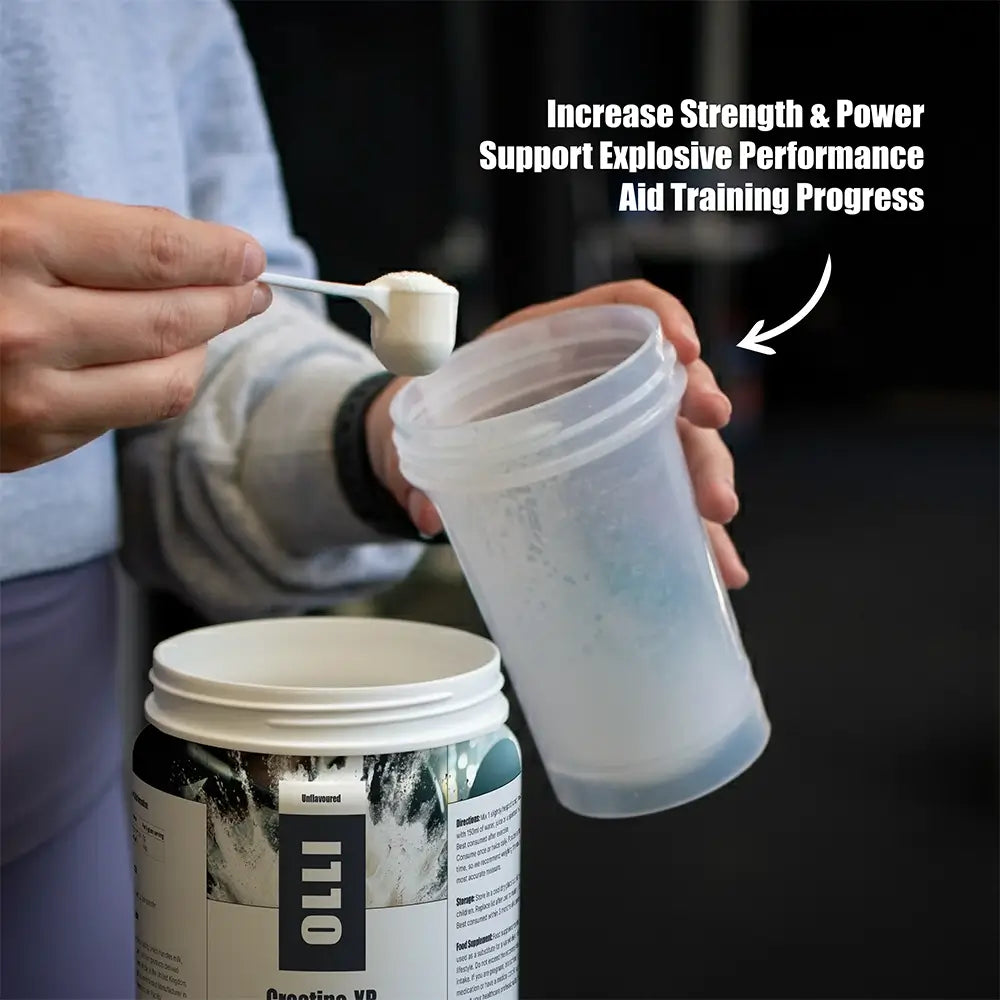 OLLI Creatine-XR unflavoured creatine powder mixed with water or protein shake for daily strength support