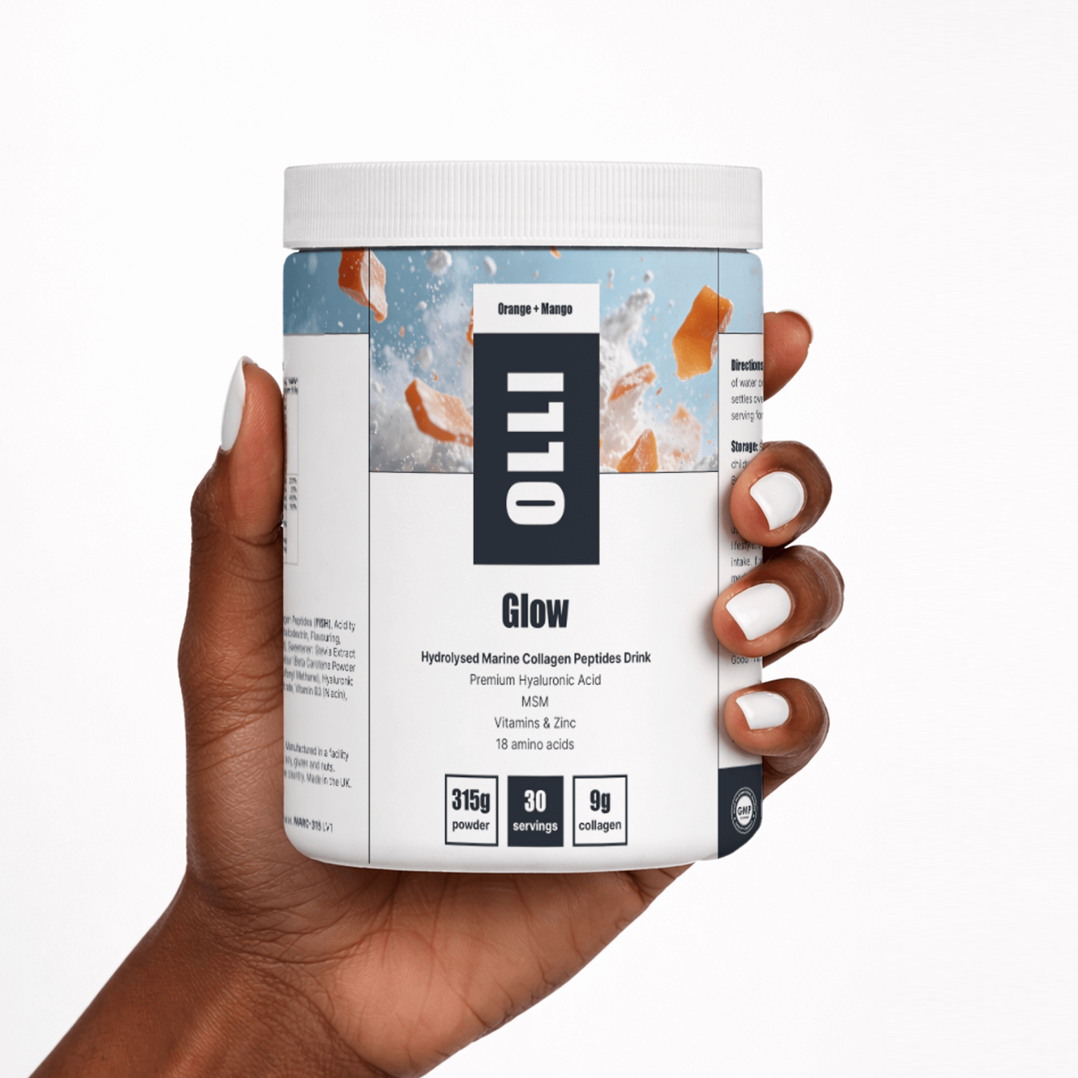 OLLI Glow is a marine collagen supplement providing hydrolysed collagen peptides, MSM, and hyaluronic acid to support skin, joints, and overall connective tissue health.
