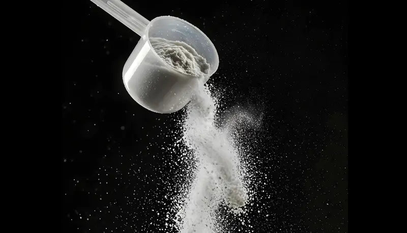 White scoop pouring protein powder against a black background