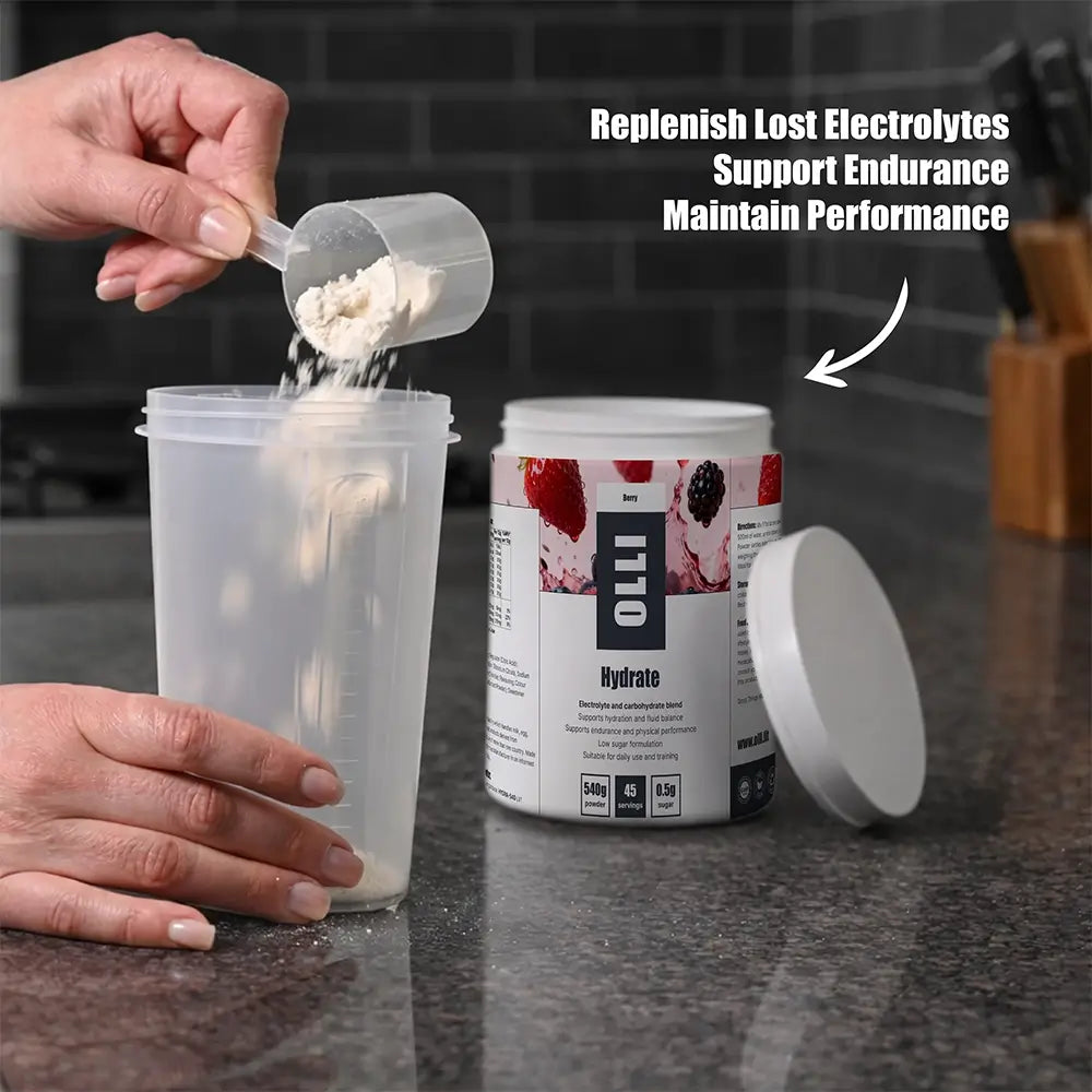 OLLI Hydrate electrolyte drink mixed with water and consumed during training to support hydration