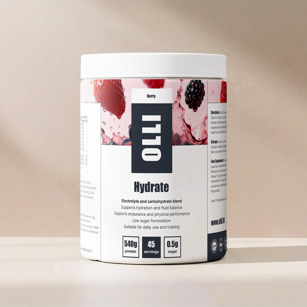 OLLI Hydrate electrolyte hydration powder 300g designed to support fluid balance, endurance, and performance for men and women