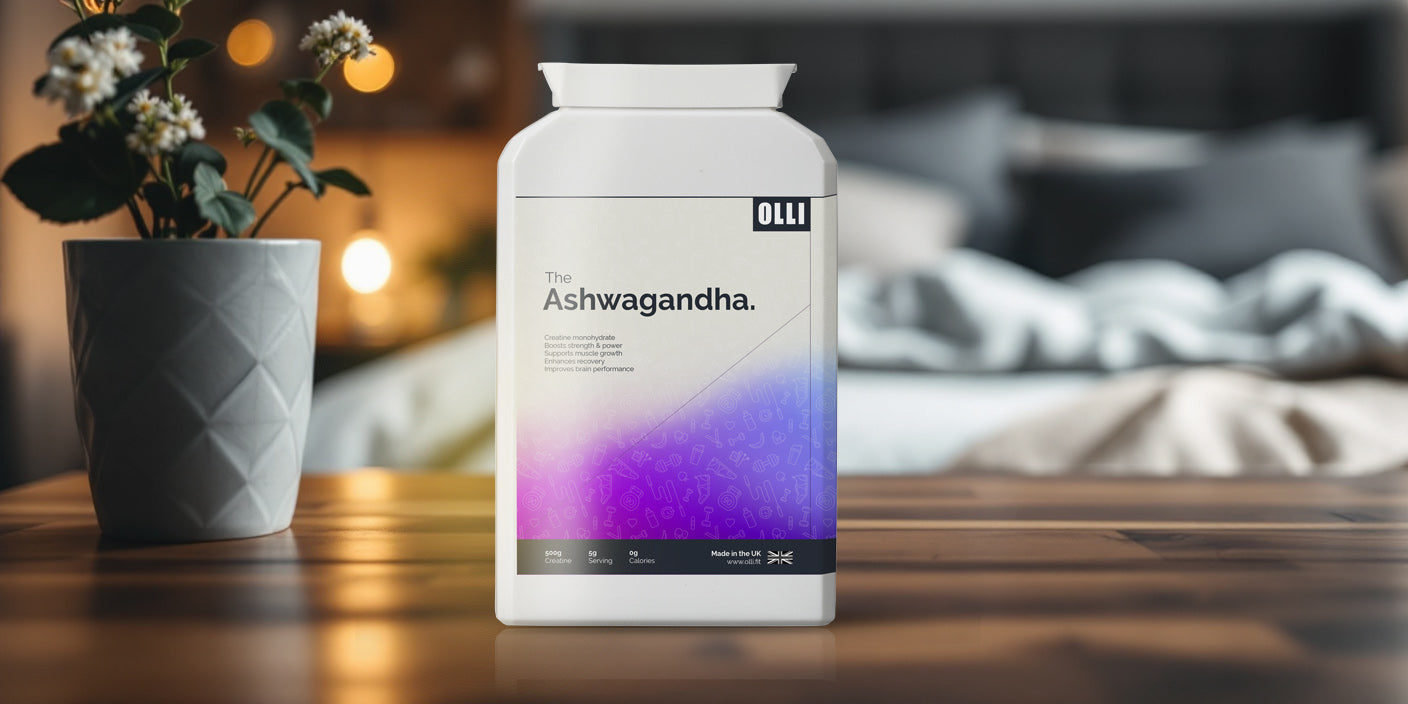 Olli Ashwagandha supplement container on a wooden surface with a blurred background