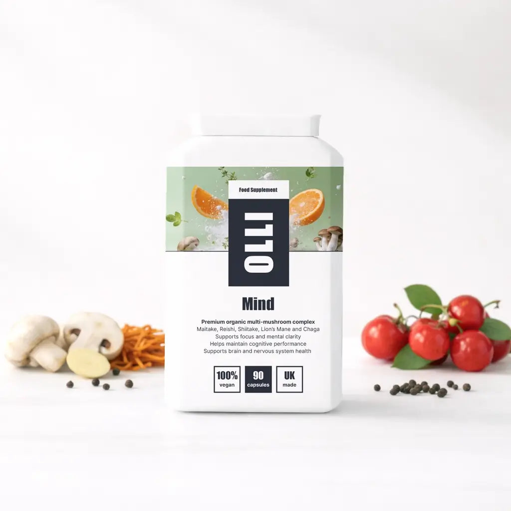 OLLI MIND organic multi-mushroom complex supplement, featuring a blend of Lion’s Mane, Reishi, Cordyceps and Chaga mushrooms, designed for daily cognitive and wellbeing support.