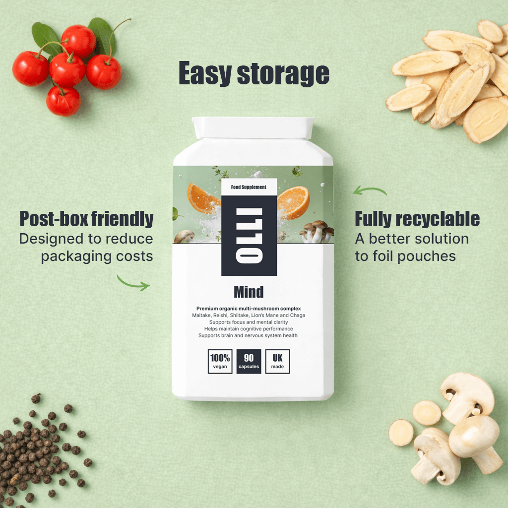 OLLI MIND organic multi-mushroom complex to support cognitive function, emotional balance and overall wellbeing.