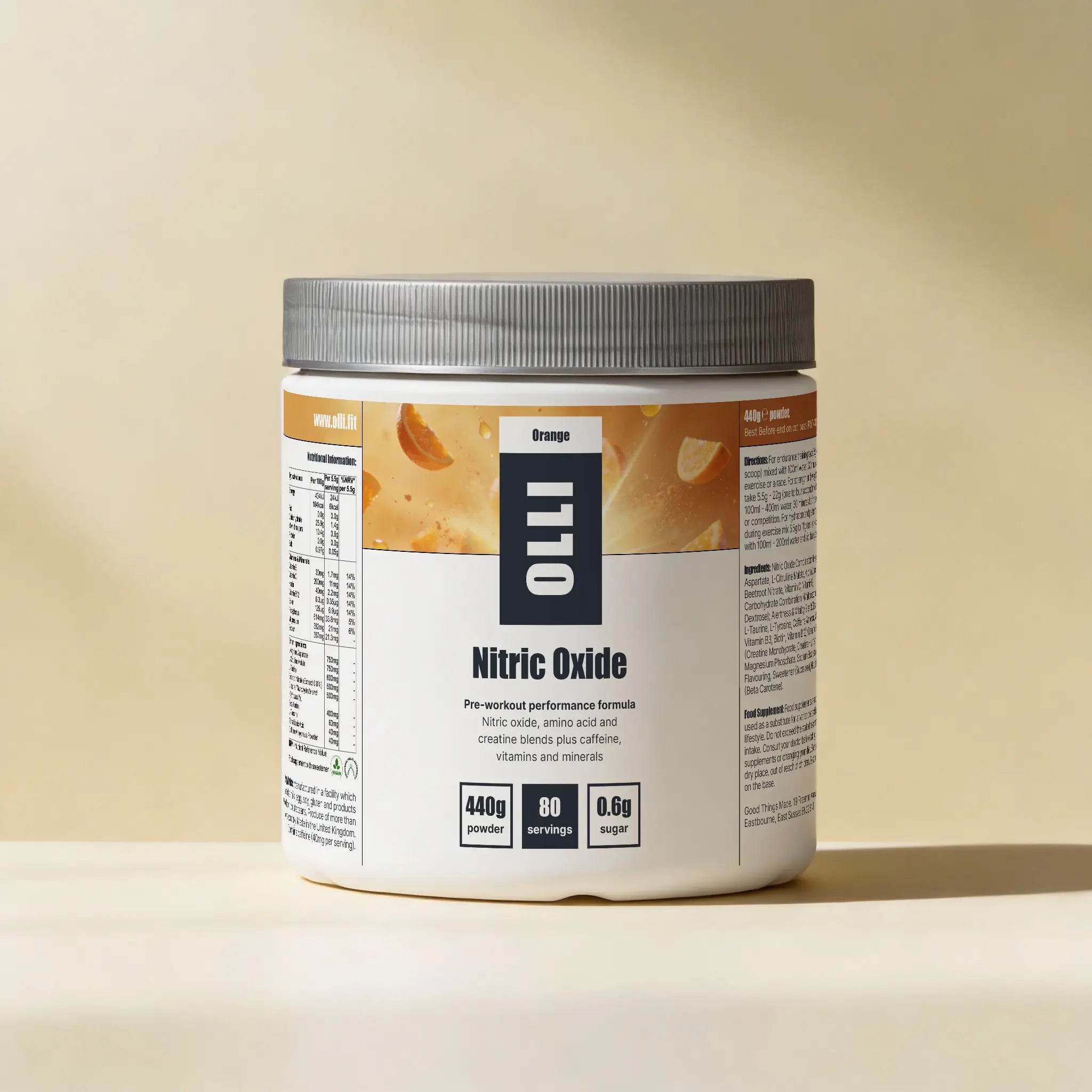 OLLI Nitric Oxide stimulant-free pre-workout powder 440g designed to support blood flow, muscle pump, and training performance for men and women