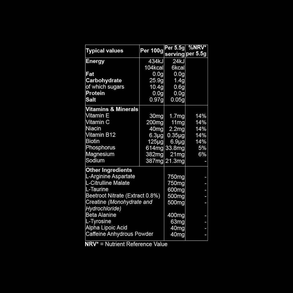 Nutritional information label for Olli Nitric Oxide pre-workout powder
