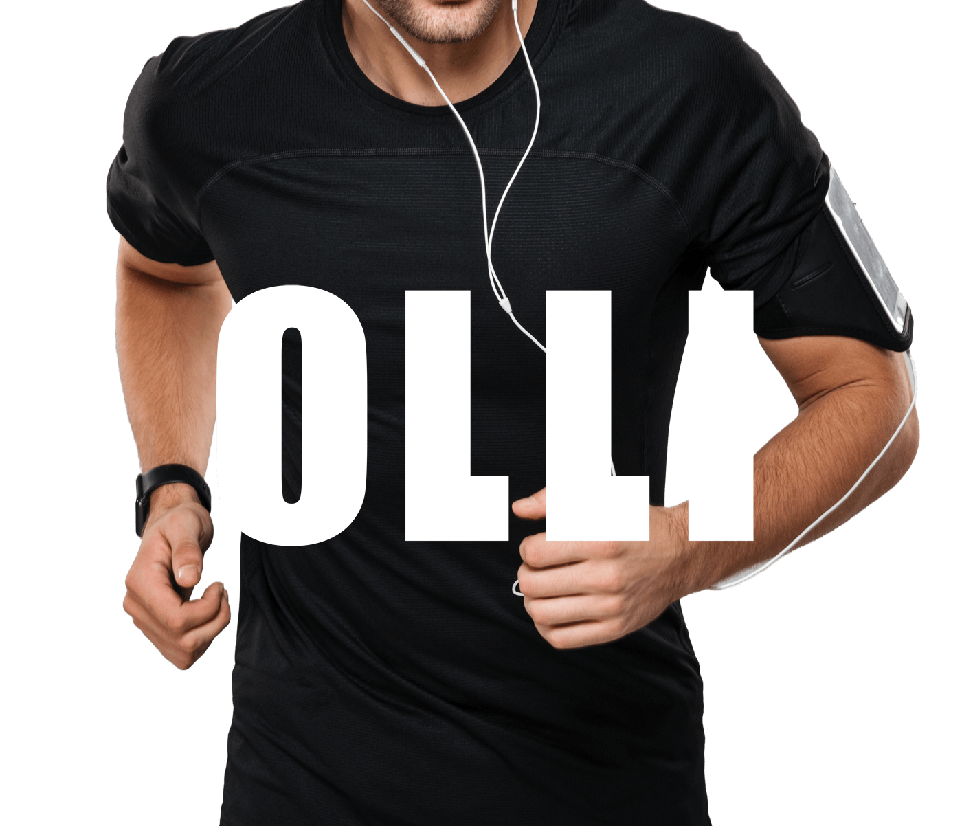 Person wearing a black t-shirt with 'OLLI' printed on it, running.