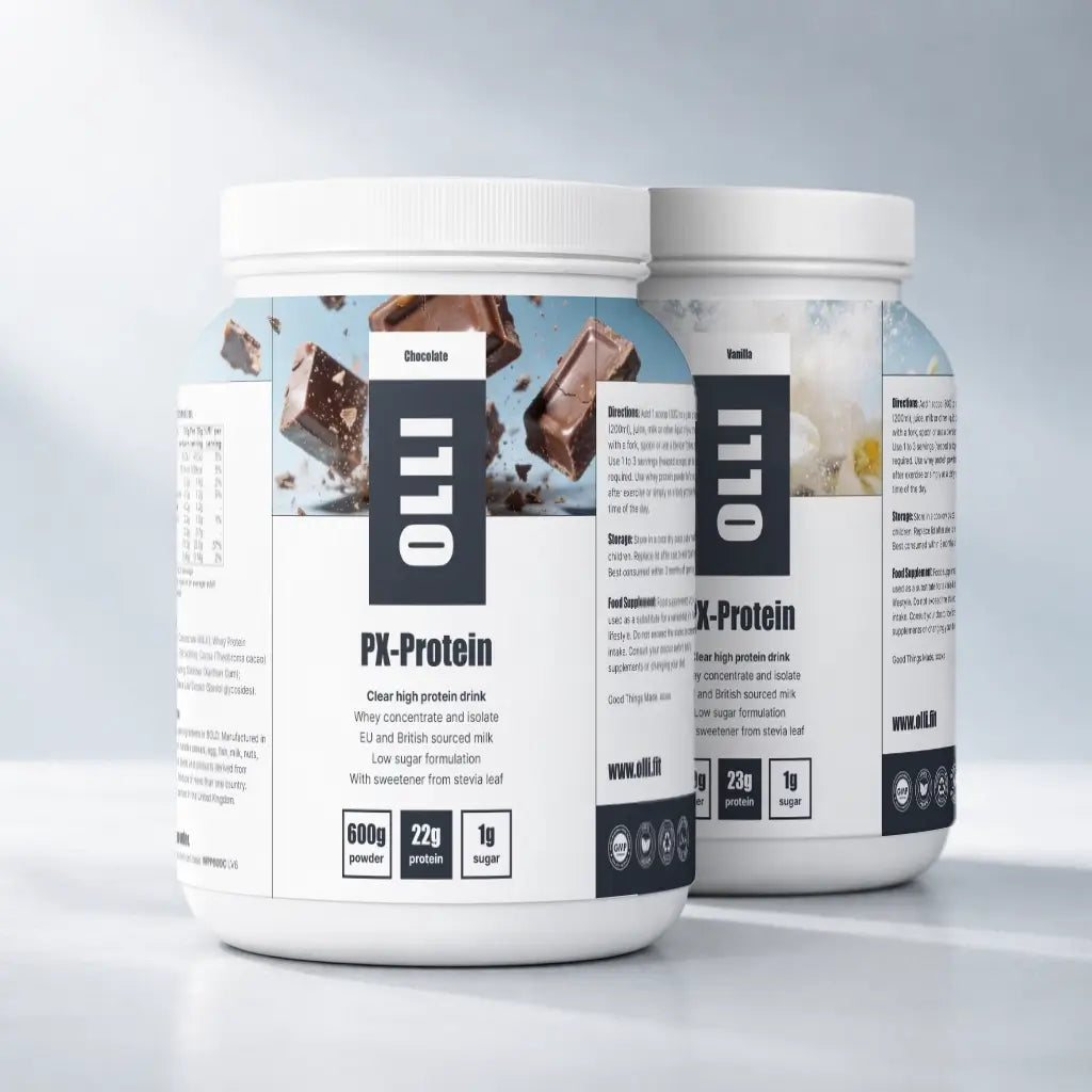OLLI PX-Protein whey protein powder 600g combining whey protein concentrate and isolate to support muscle growth, recovery, and daily protein intake for men and women