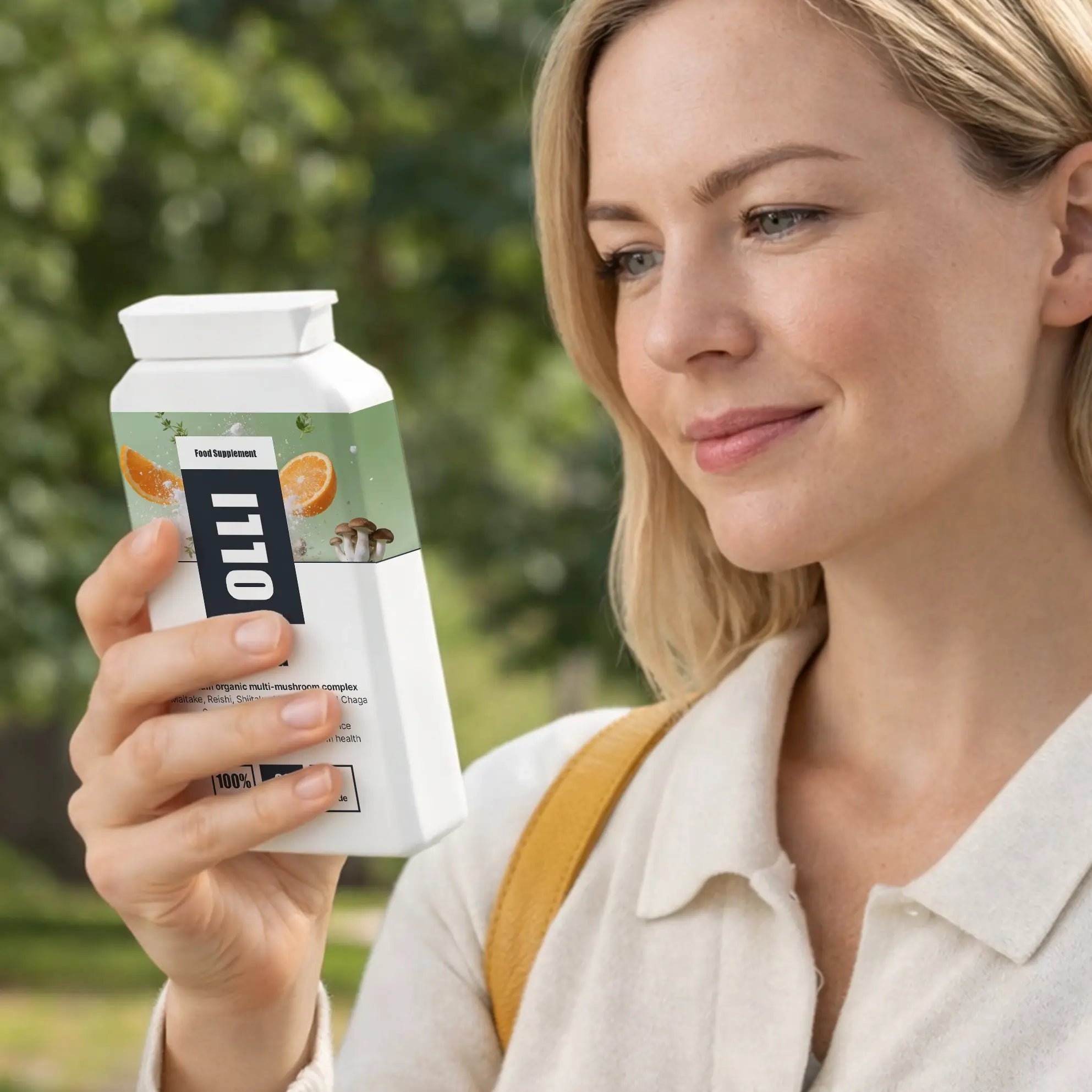 Woman holding OLLI MIND organic multi-mushroom complex supplement, featuring a blend of Lion’s Mane, Reishi, Cordyceps and Chaga mushrooms.