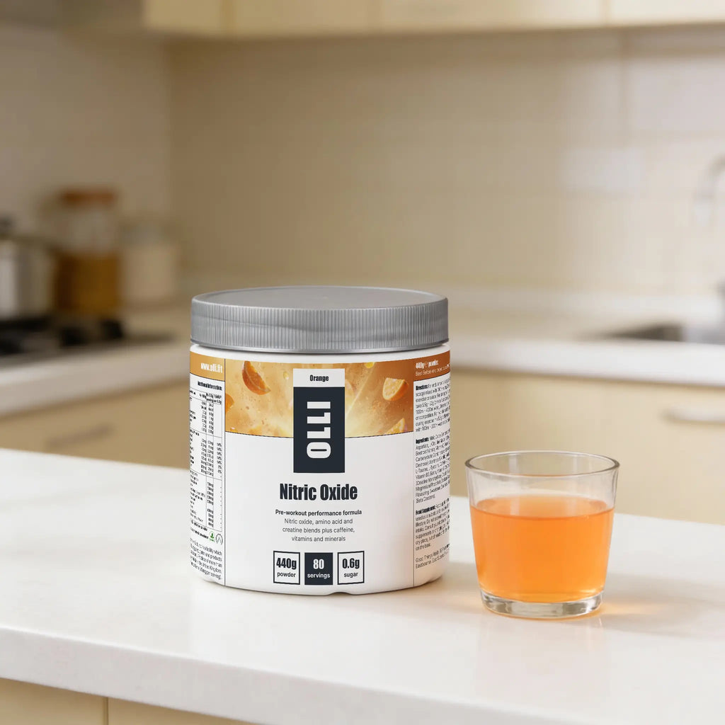 Olli pre-workout powder on kitchen worktop