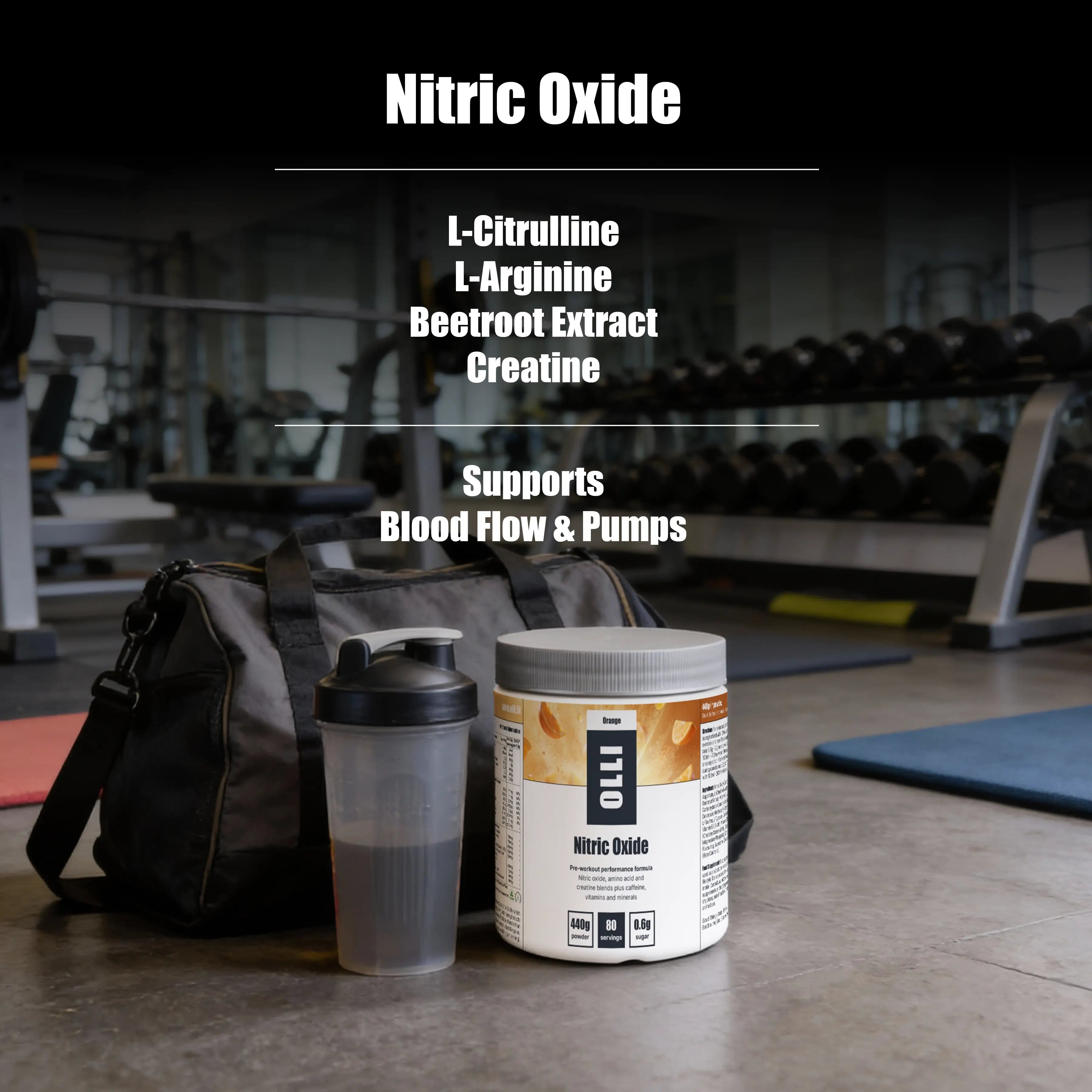 OLLI Nitric Oxide caffeine-free pre-workout supporting nitric oxide production and workout endurance