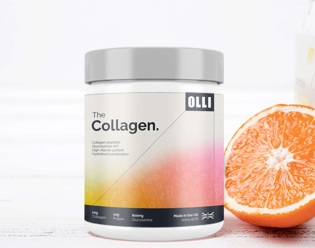 Olli collagen pot on an orange background