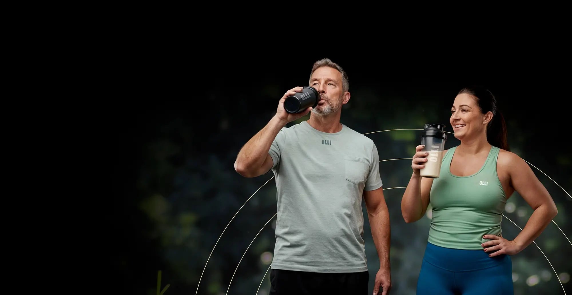 Man and woman using OLLI supplements as part of a daily routine supporting fitness, focus and overall health