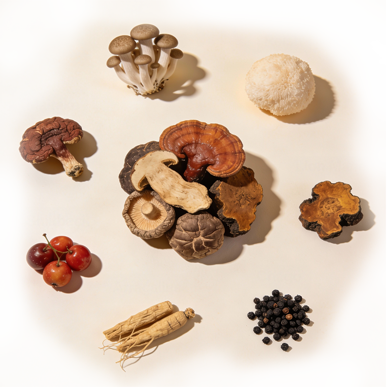 Supplement for stress with Maitake, Reishi, Shiitake, Lion’s Mane and Chaga, astragalus root, acerola fruit and black pepper.