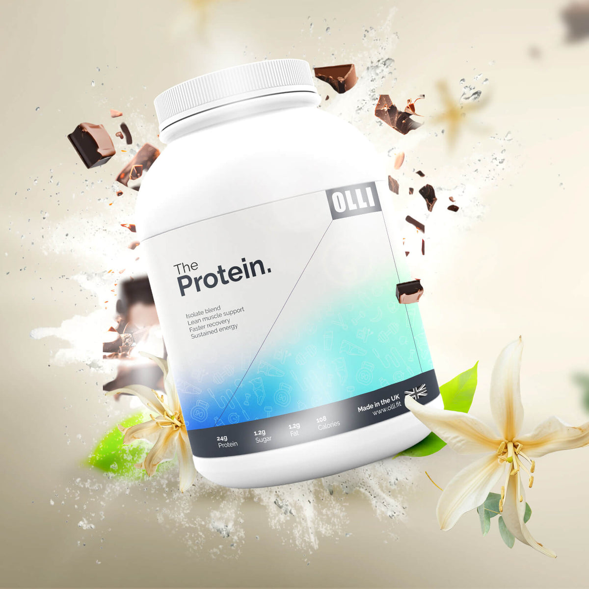 Protein powder container with 'OLLI' branding on a light background with floral elements.